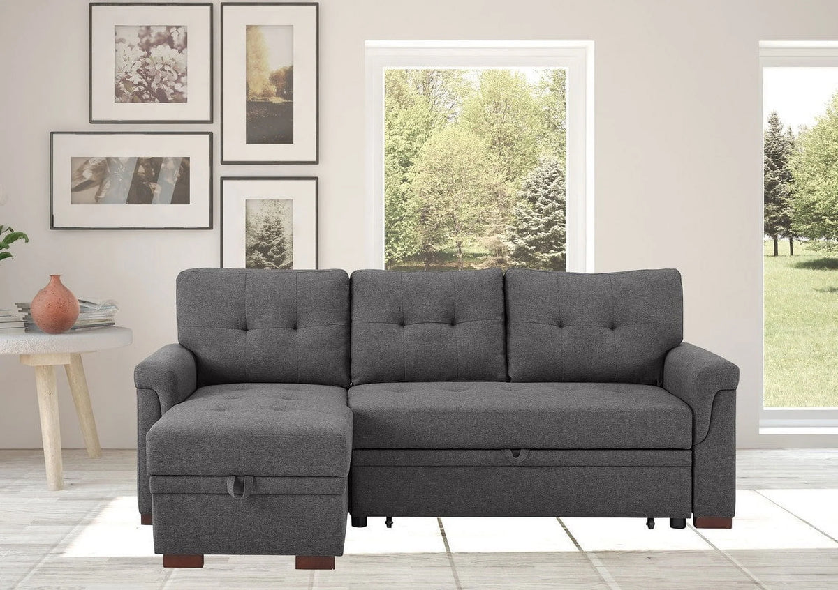 Linen Reversible Sleeper Sectional Sofa with Storage Chaise Dark Gray U847