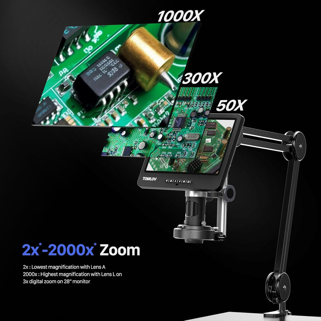 Flex Digital Soldering Microscope 2000x, 10.1" HDMI Microscope with 3 Lens, Ring Light, 64GB V7375