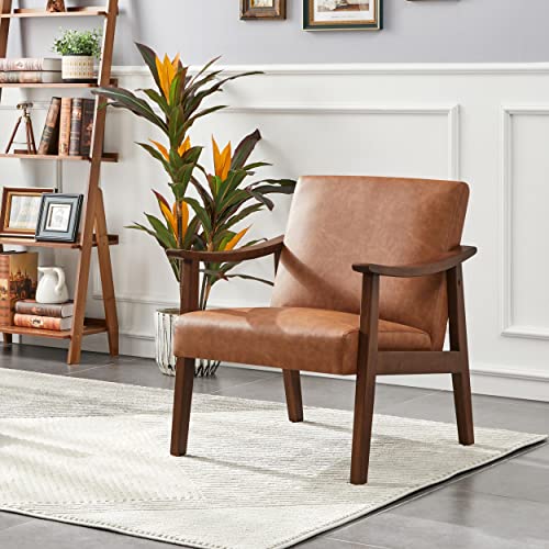 Brown PU Leather Accent Chair with Solid Wood Legs M5239