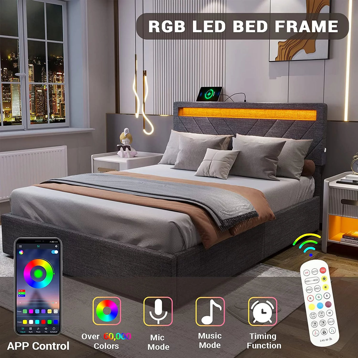 Queen Upholstered Bed Frame with 4 Storage Drawers and USB Charging Station D490251