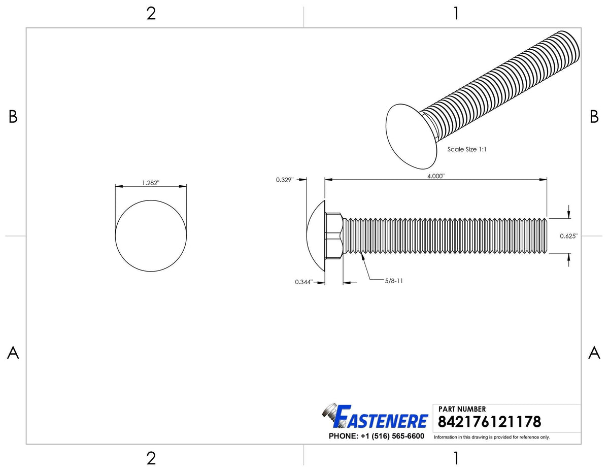 5/8-11 x 4x22 Stainless Steel Carriage Bolts Qty 5 P759