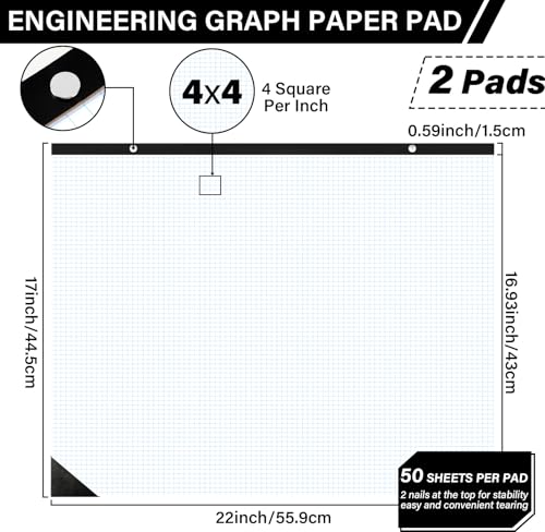 2 Pads Large Engineering Graph Paper 22x17 inch 1/4inch Quad Grid E32708