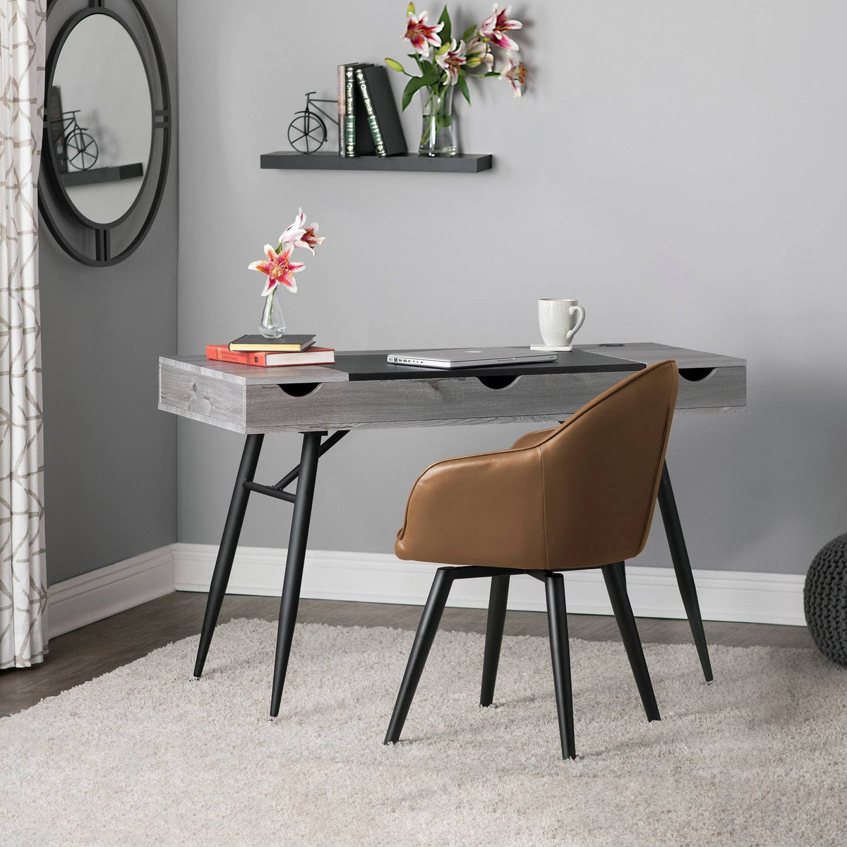 Caramel Brown Faux Leather Accent Chair with Arms E6570