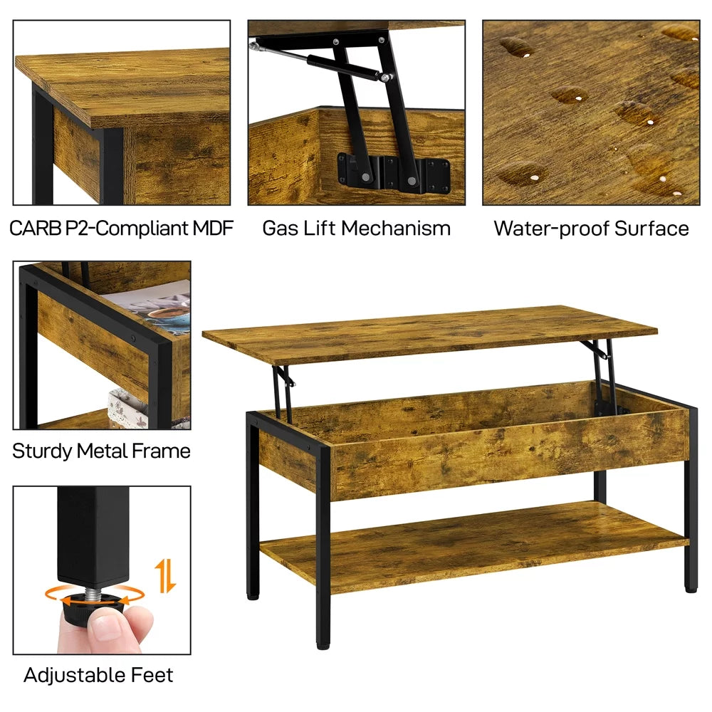 Rustic Brown Wood Lift Top Coffee Table with Hidden Compartment Q904