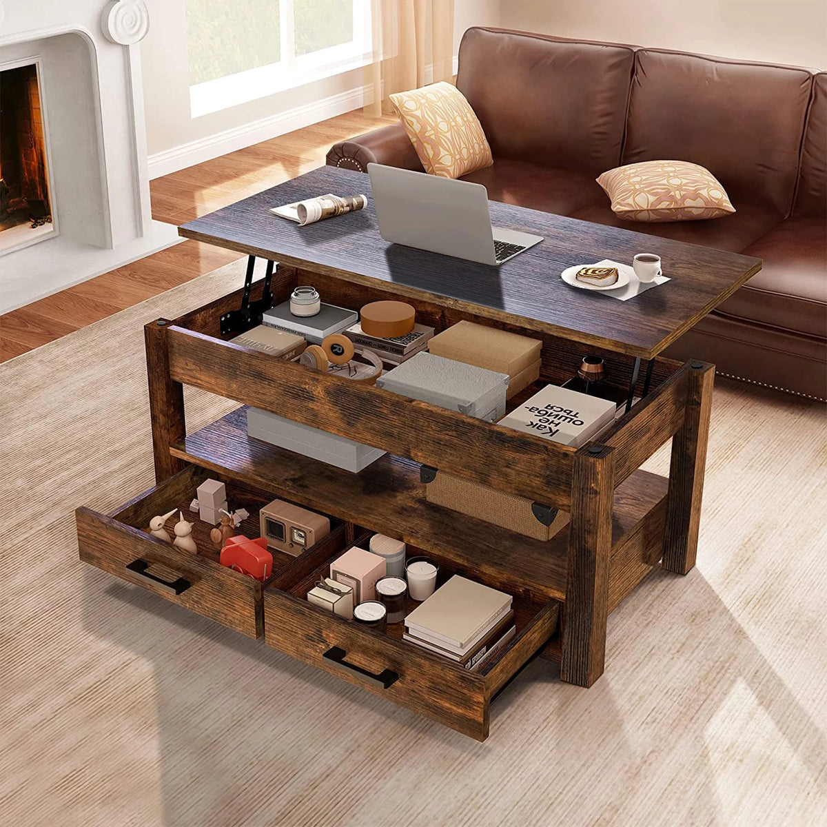 23 In Lift Top Coffee Table with 2 Drawers, Brown I853