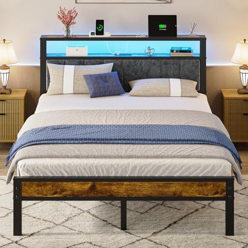 Queen Size Platform Bed Frame with Storage Headboard and Charging Station N473935