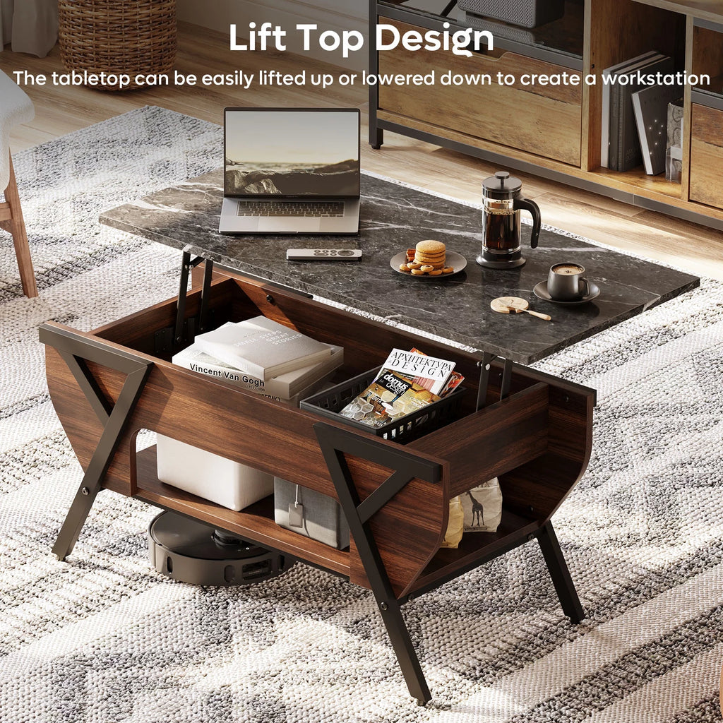 Lift Top Coffee Table with LED Lights and 2-Tier Storage Shelf P7271