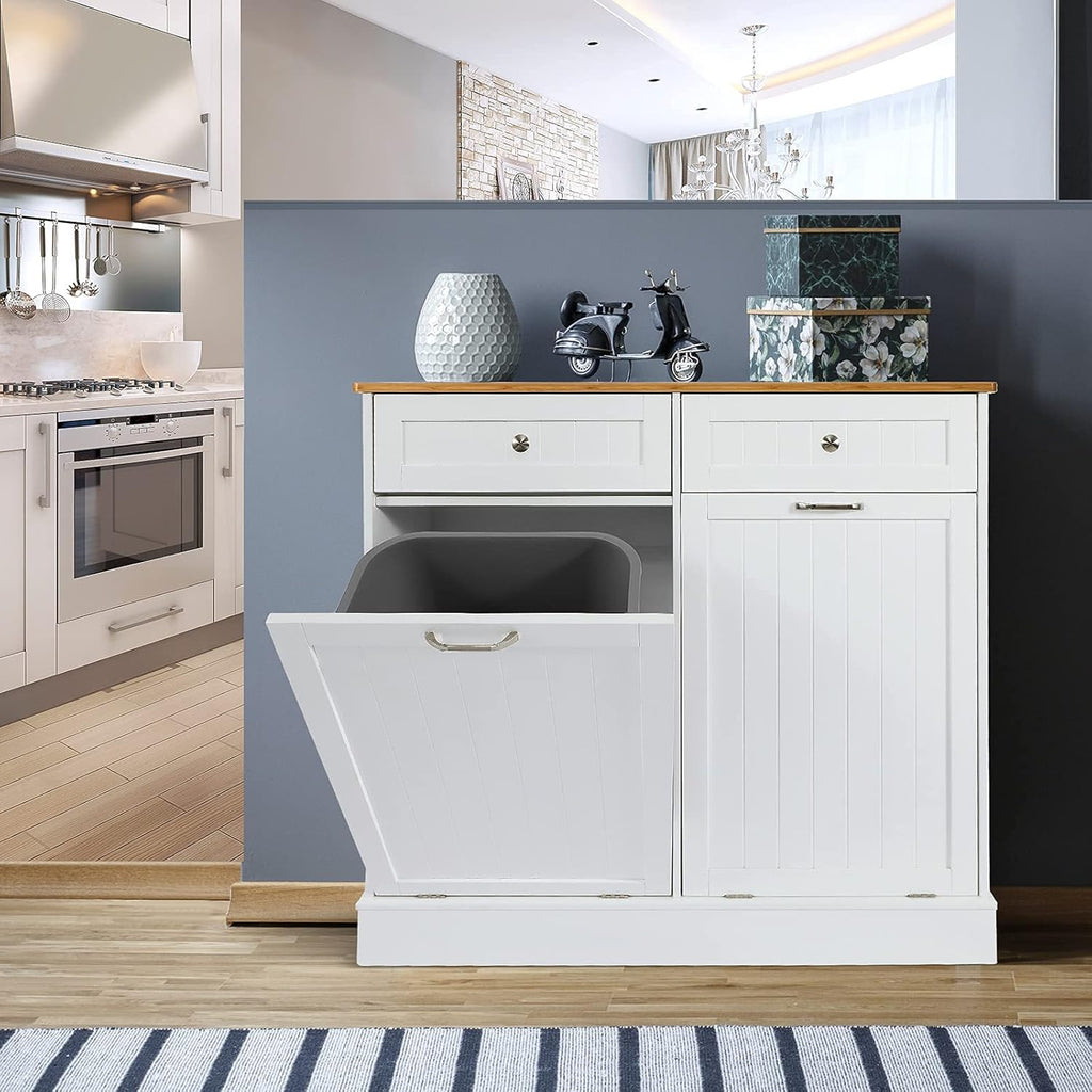 White Double Kitchen Trash Cabinet with Hideaway Drawers K61660