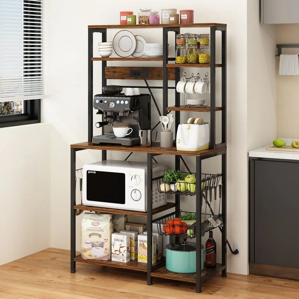 6 Layers Vintage Kitchen Baker's Rack with 10 S Hooks and Outlets C909