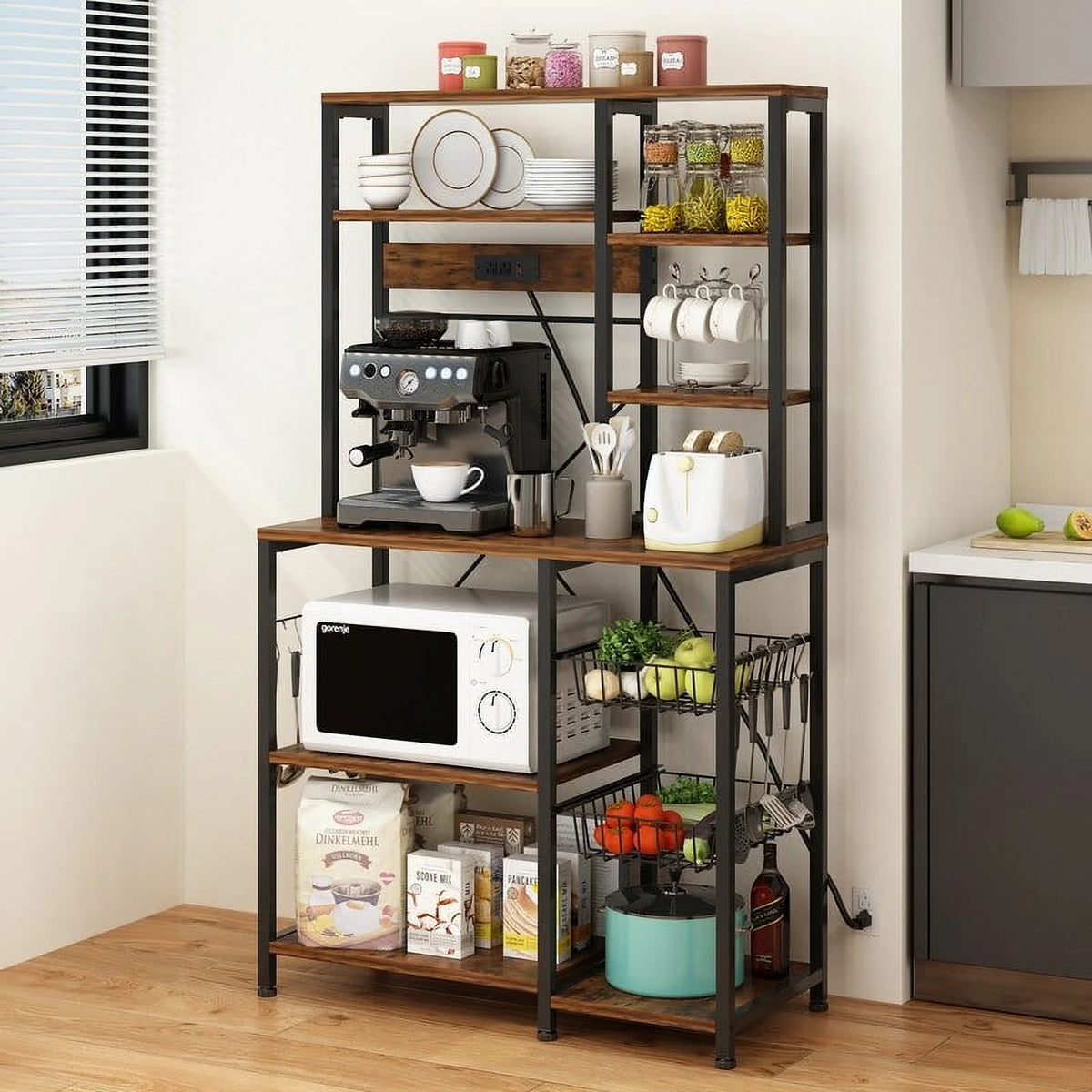 6 Layers Vintage Kitchen Baker's Rack with 10 S Hooks and Outlets C909