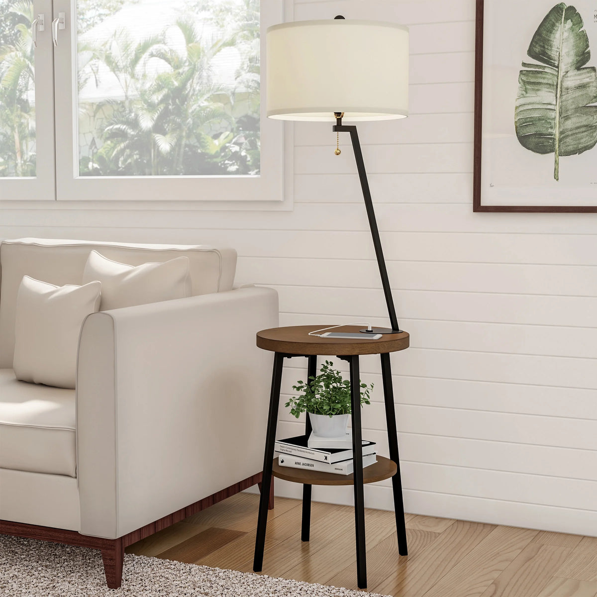 58-inch Floor Lamp with Table and USB Charging Port with Drum Shade K546471