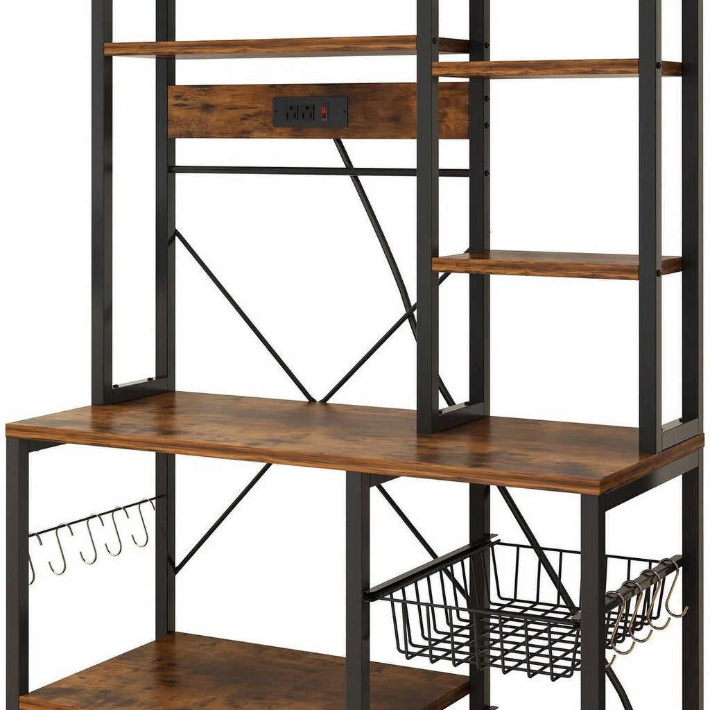 6 Layers Vintage Kitchen Baker's Rack with 10 S Hooks and Outlets C909