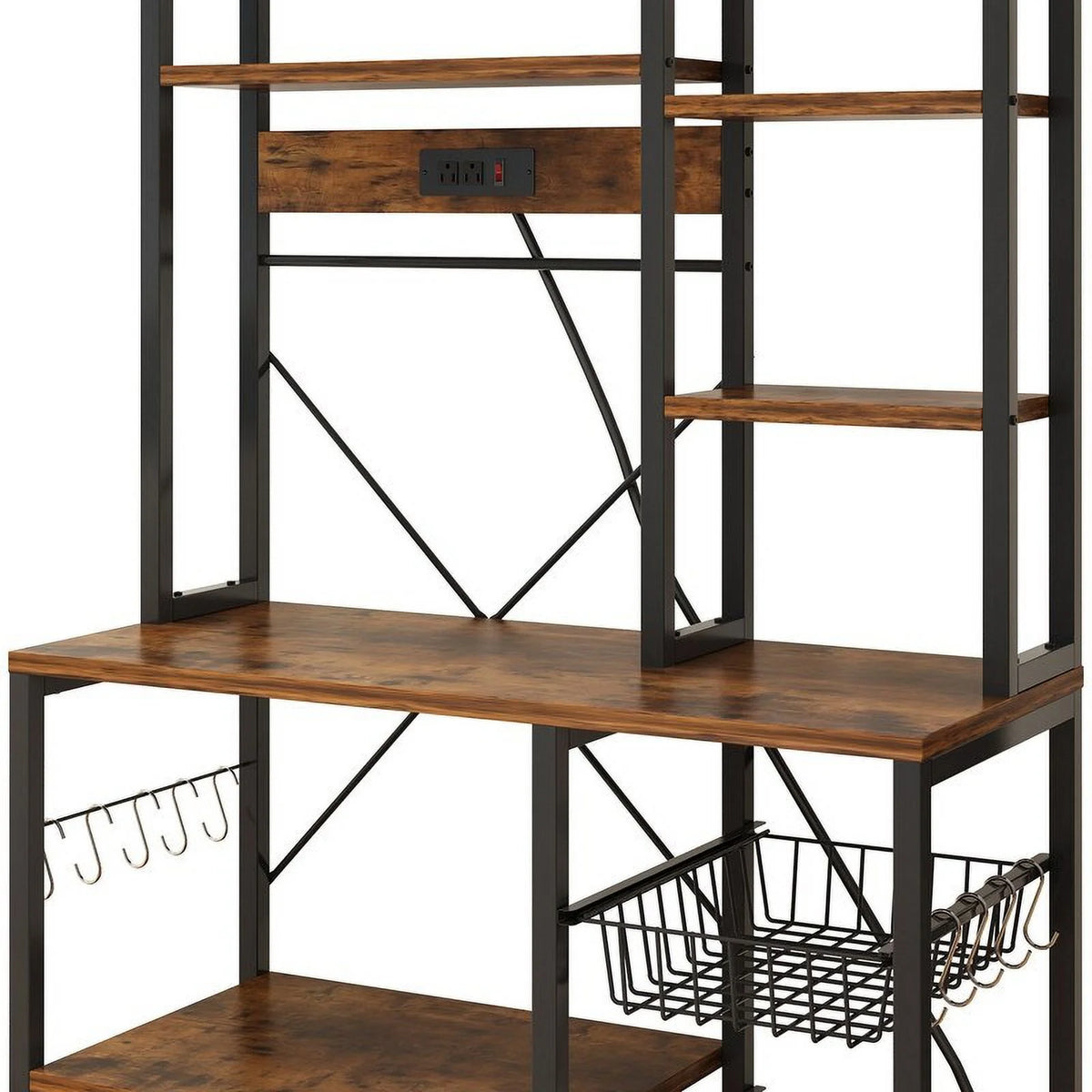 6 Layers Vintage Kitchen Baker's Rack with 10 S Hooks and Outlets C909
