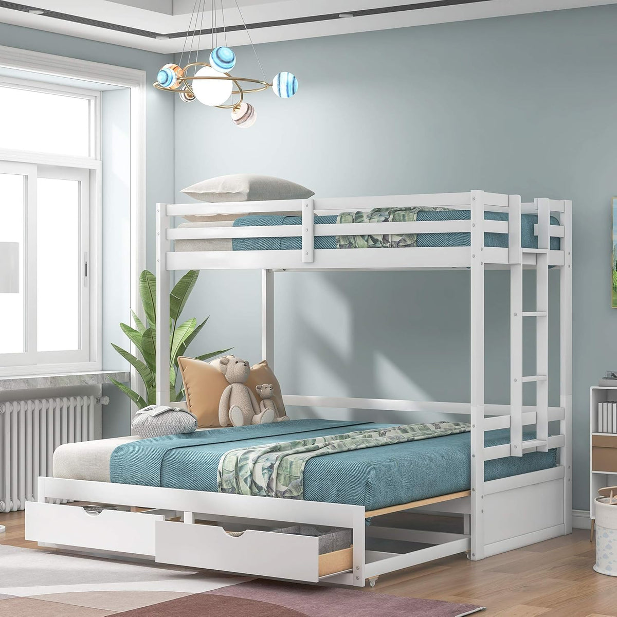 Twin Over Pull-Out Bunk Bed with Two Drawers, Wooden, White U2291
