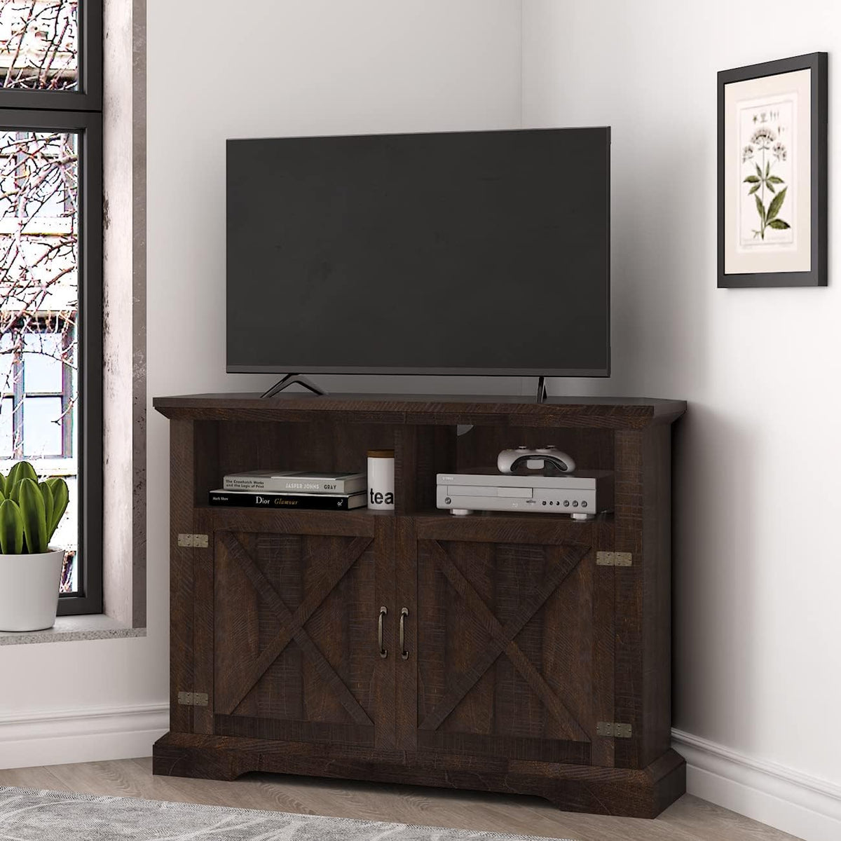 Espresso Wood Corner TV Stand with 2 Doors and 2 Shelves R188101