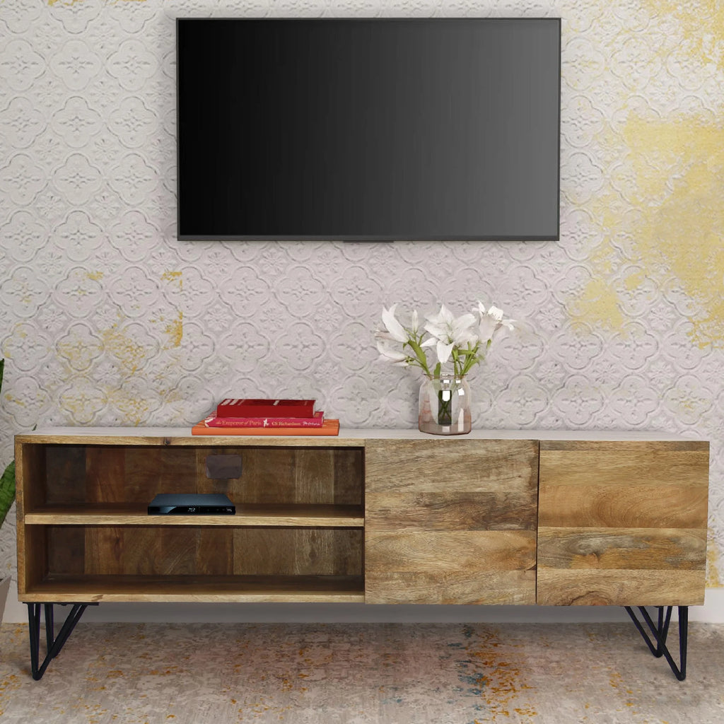 Mango Wood and Metal TV Stand With Storage Cabinet L574