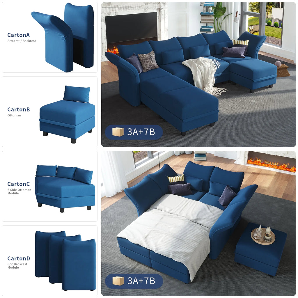 Blue Velvet U Shaped Modular Sectional Sofa with Storage Chaise G58335