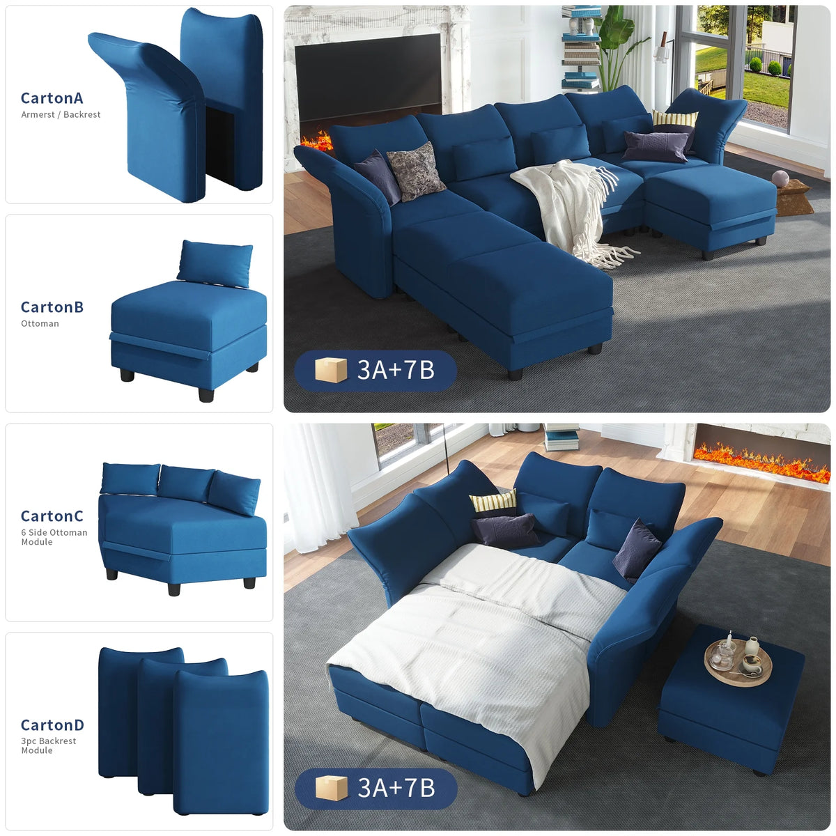 Blue Velvet U Shaped Modular Sectional Sofa with Storage Chaise G58335