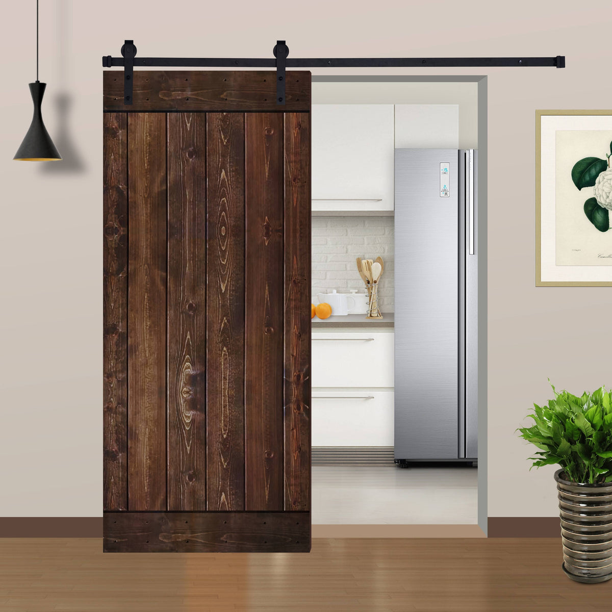 12-Panel Dark Brown Painted Wood Sliding Door with Installation Hardware Kit T675759