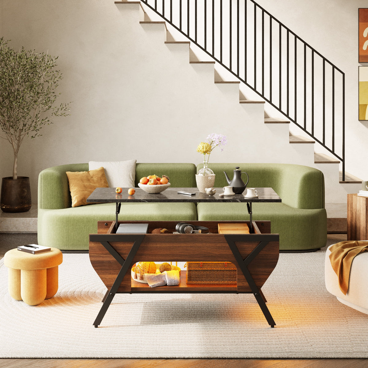 Lift Top Coffee Table with LED Lights and 2-Tier Storage Shelf P7271