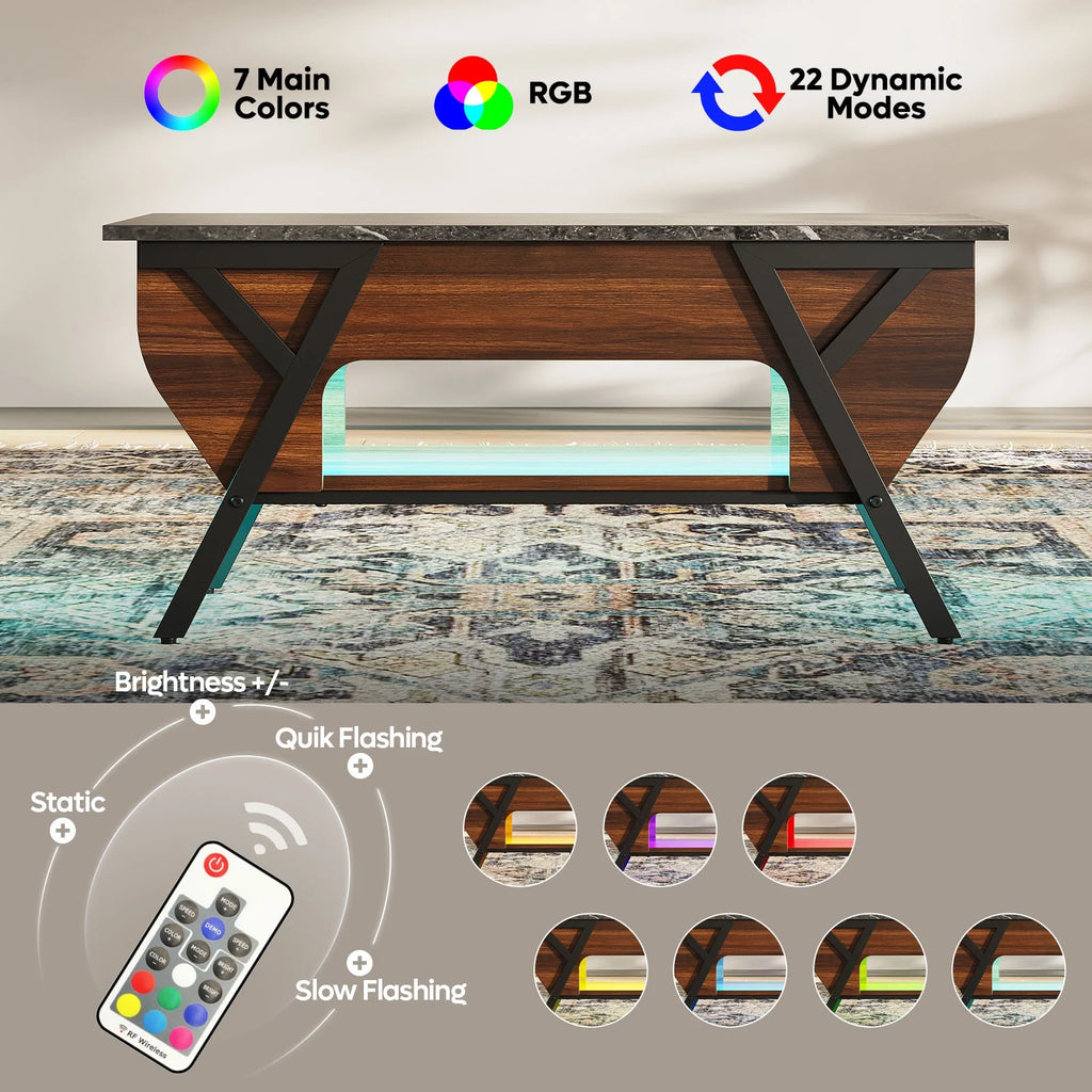 Lift Top Coffee Table with LED Lights and 2-Tier Storage Shelf P7271