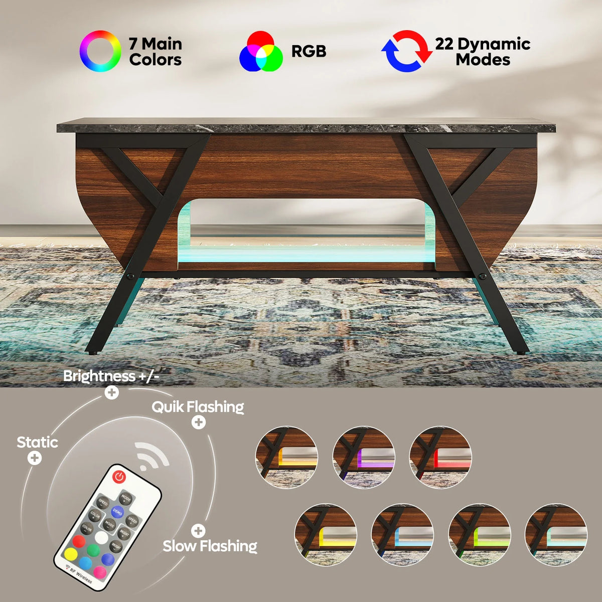 Lift Top Coffee Table with LED Lights and 2-Tier Storage Shelf P7271