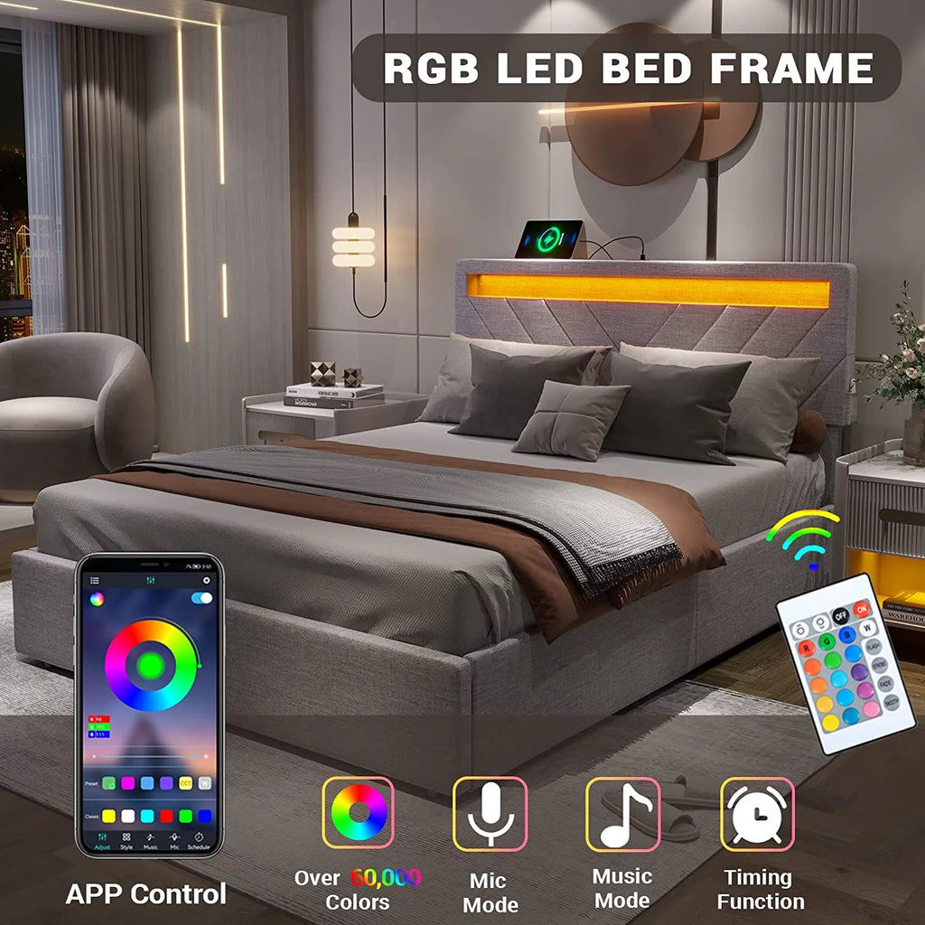 Queen Upholstered Bed Frame with 4 Storage Drawers and USB Charging Station D490251