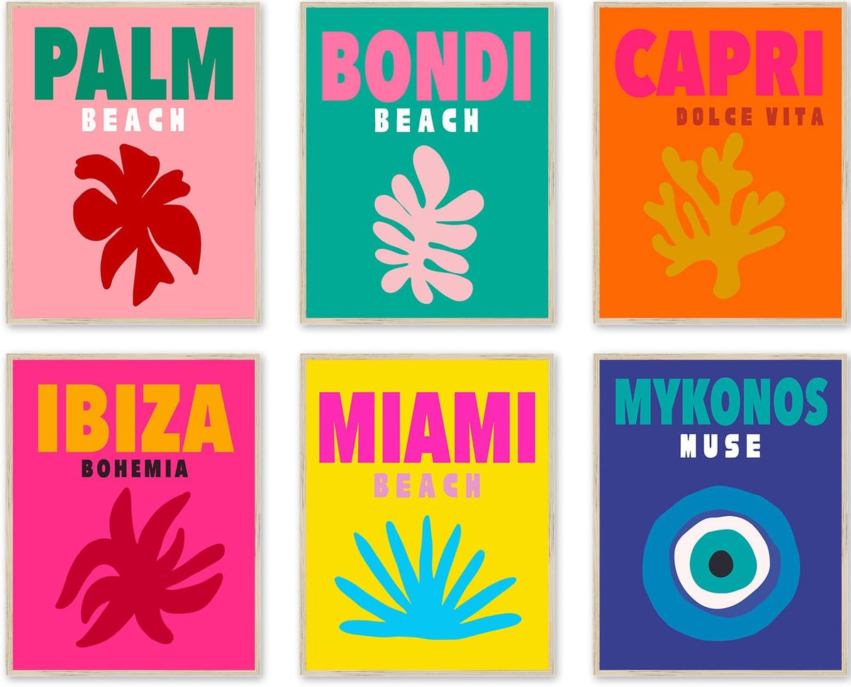 Preppy Posters for Dorm Decor, Colorful Preppy Wall Art Travel Prints, Pink Pastels College Maximalist Decor (8"x10", unframed) B3190