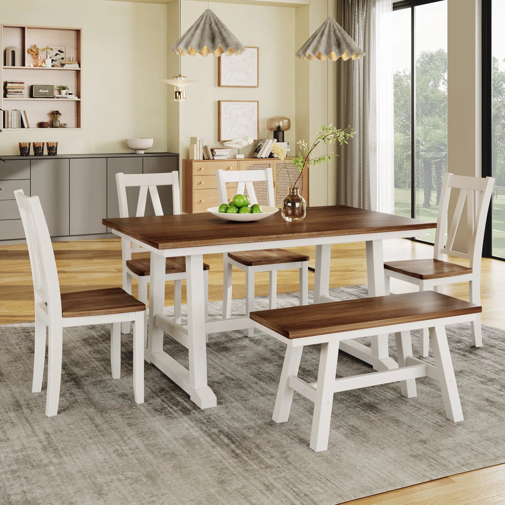 White 6-Piece Wood Dining Table Set with Bench and Chairs P268420