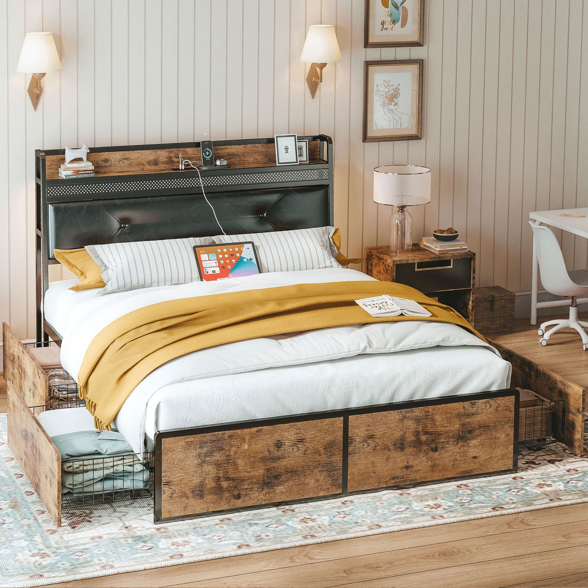 Queen Bed Frame with Upholstered Headboard and 4 Storage Drawers C185