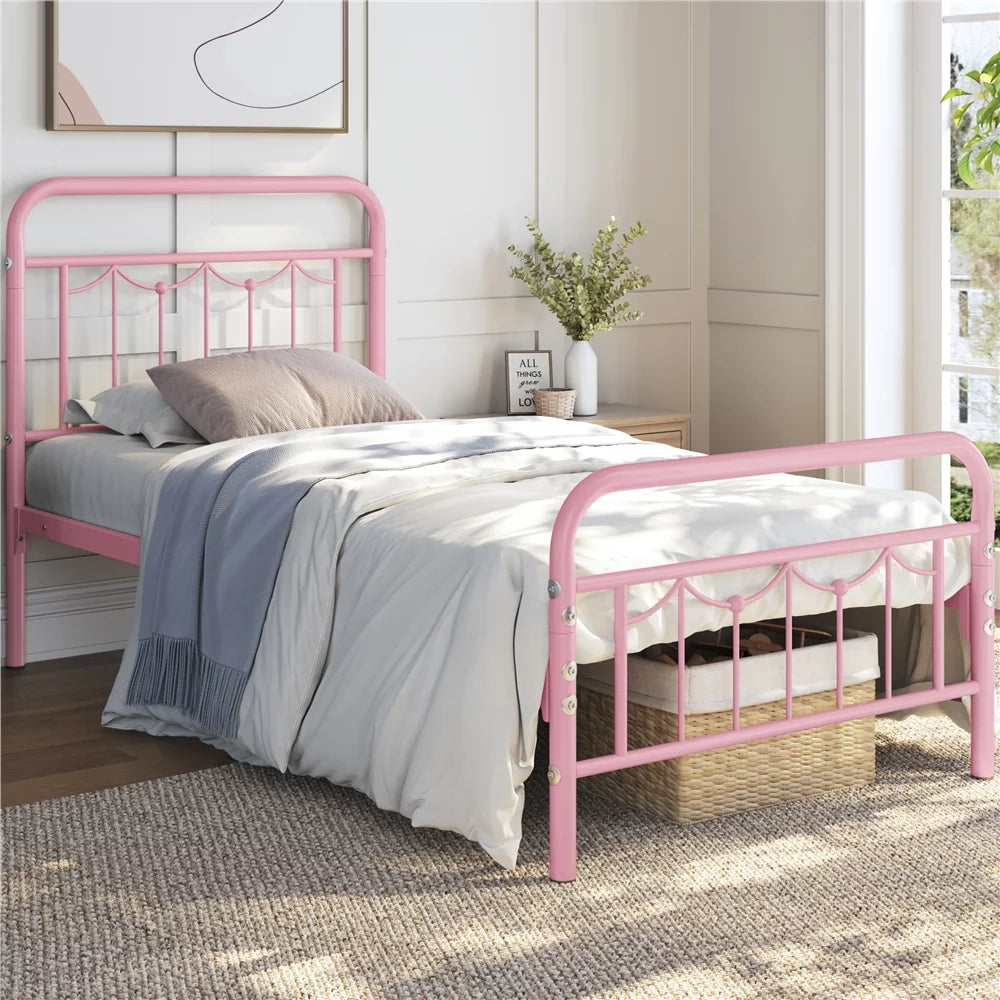 Queen Metal Platform Bed Frame with Vintage Headboard and Footboard T7074