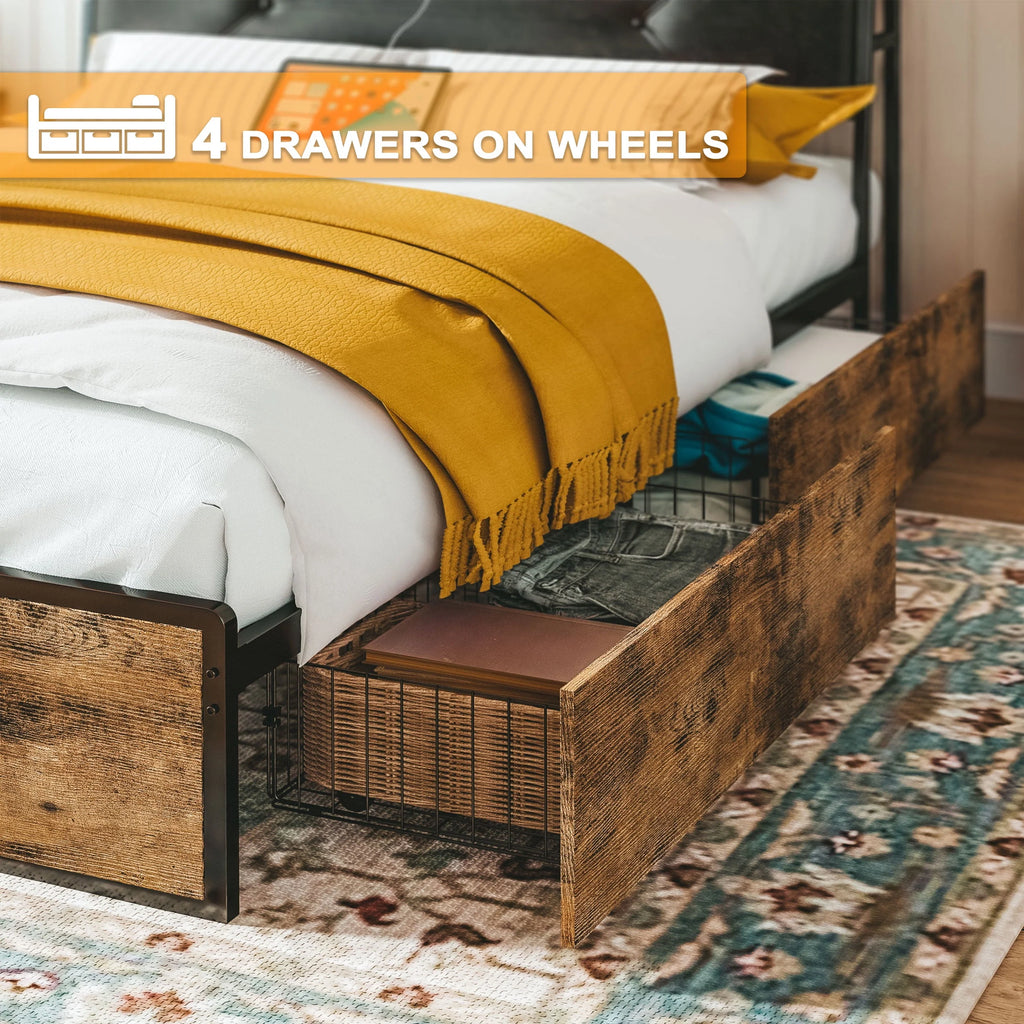 Queen Bed Frame with Upholstered Headboard and 4 Storage Drawers C185
