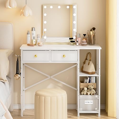 White Vanity Desk with 2 Fabric Drawers U1516