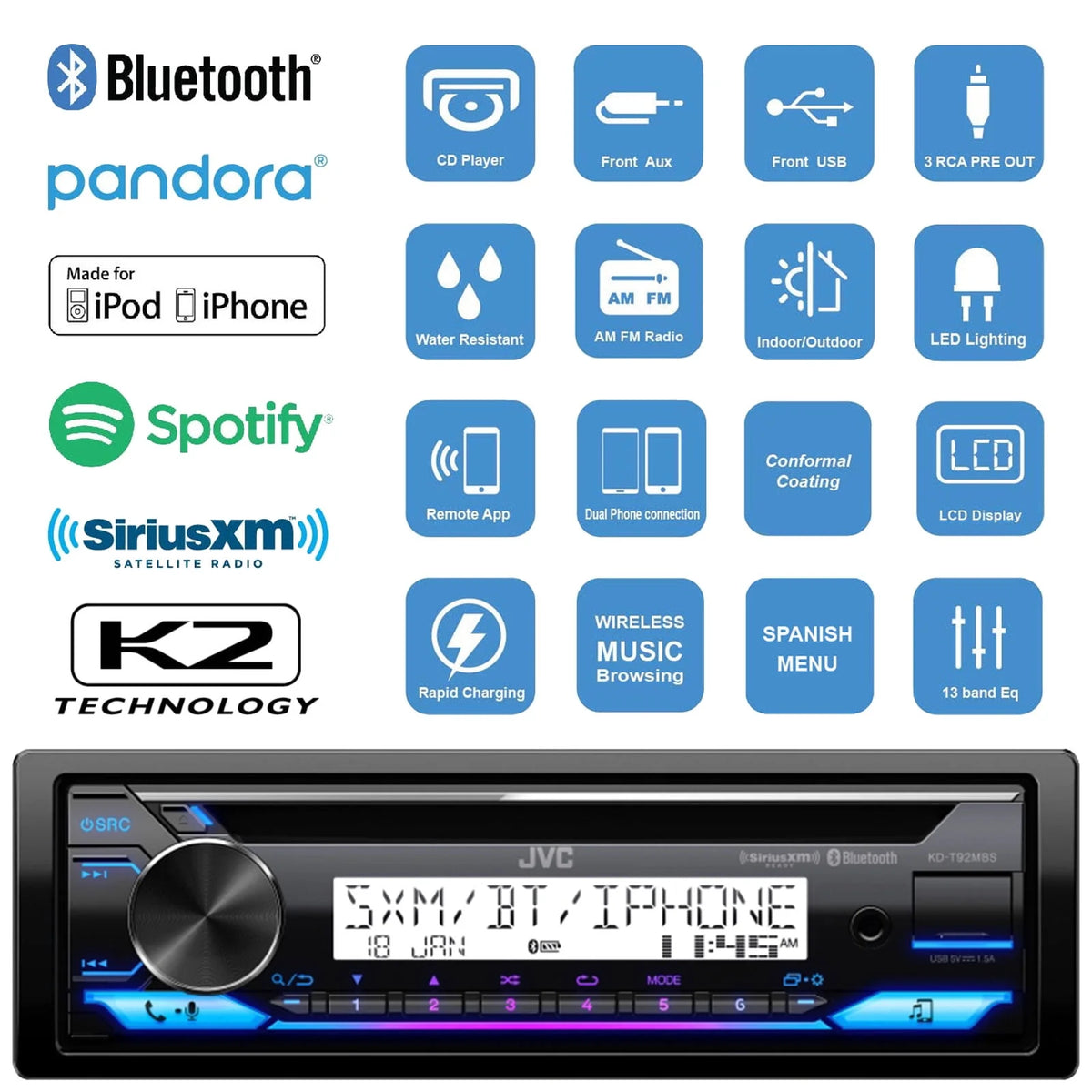 Single DIN Marine Bluetooth AM/FM Radio Stereo Receiver with Dash Protector and Antenna A443702
