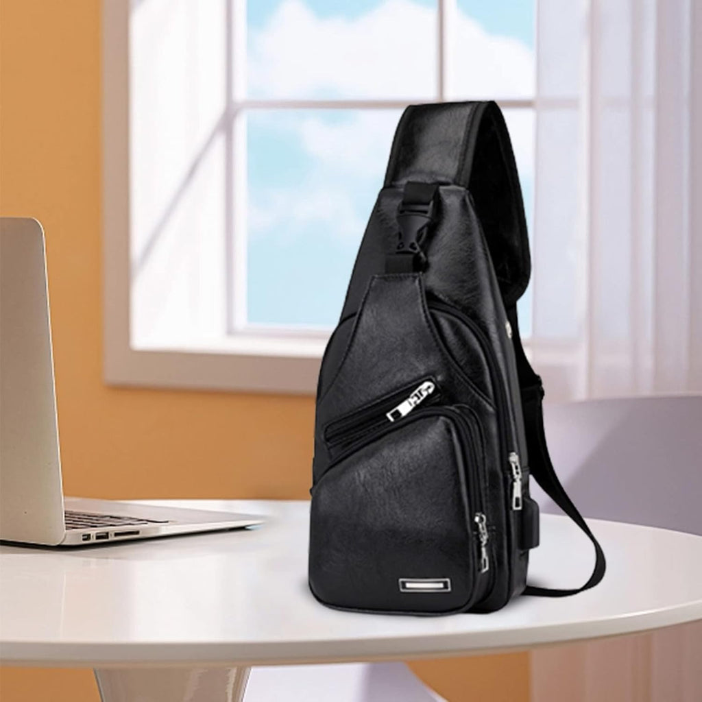 Waterproof Leather Sling Backpack with USB Charging Port P77207