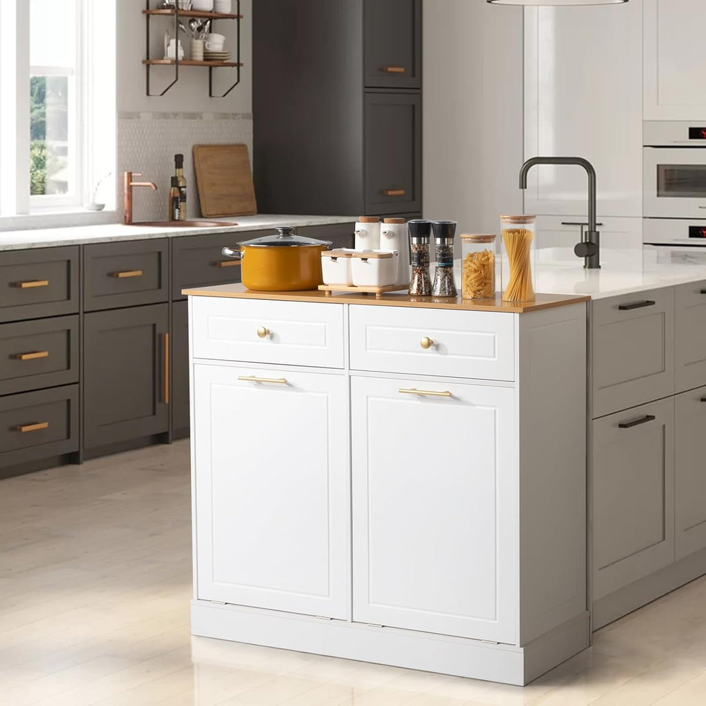 White 2 Doors 2 Drawers 2 Baskets Trash Cabinet I85363