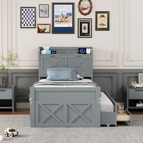 White Twin Size Wood Captain Platform Bed with Bookcase Headboard G54480