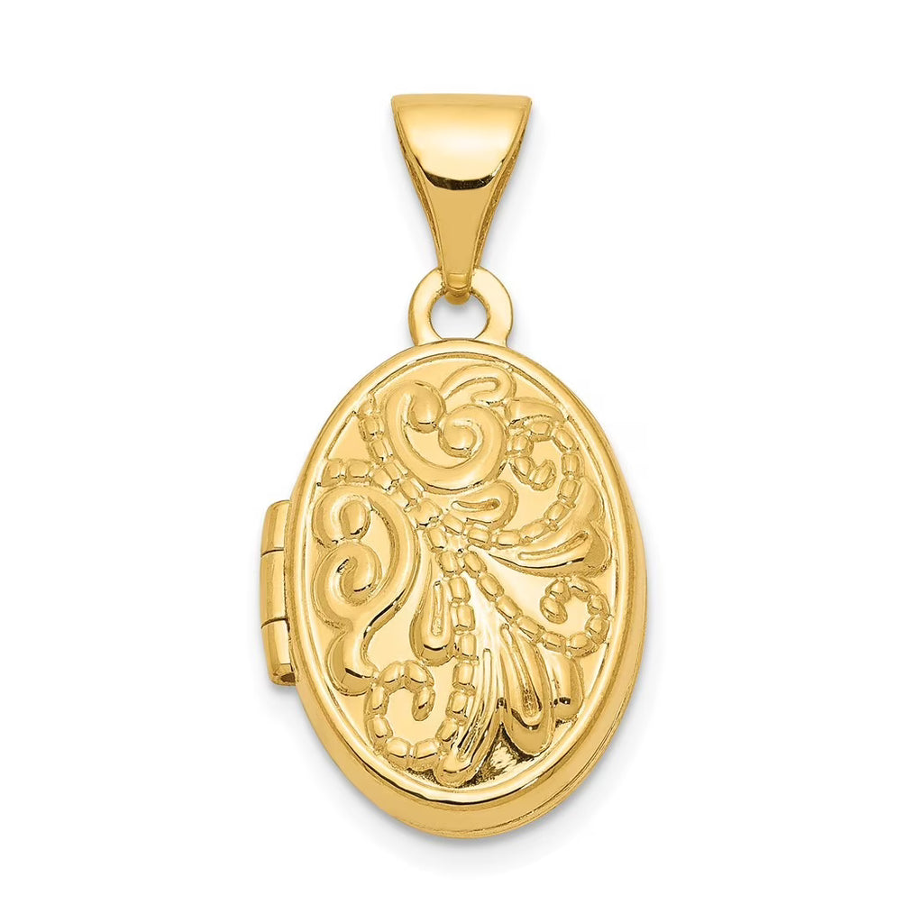 11mm 10k Yellow Gold Beaded Scroll Oval Photo Locket Pendant Necklace H970045