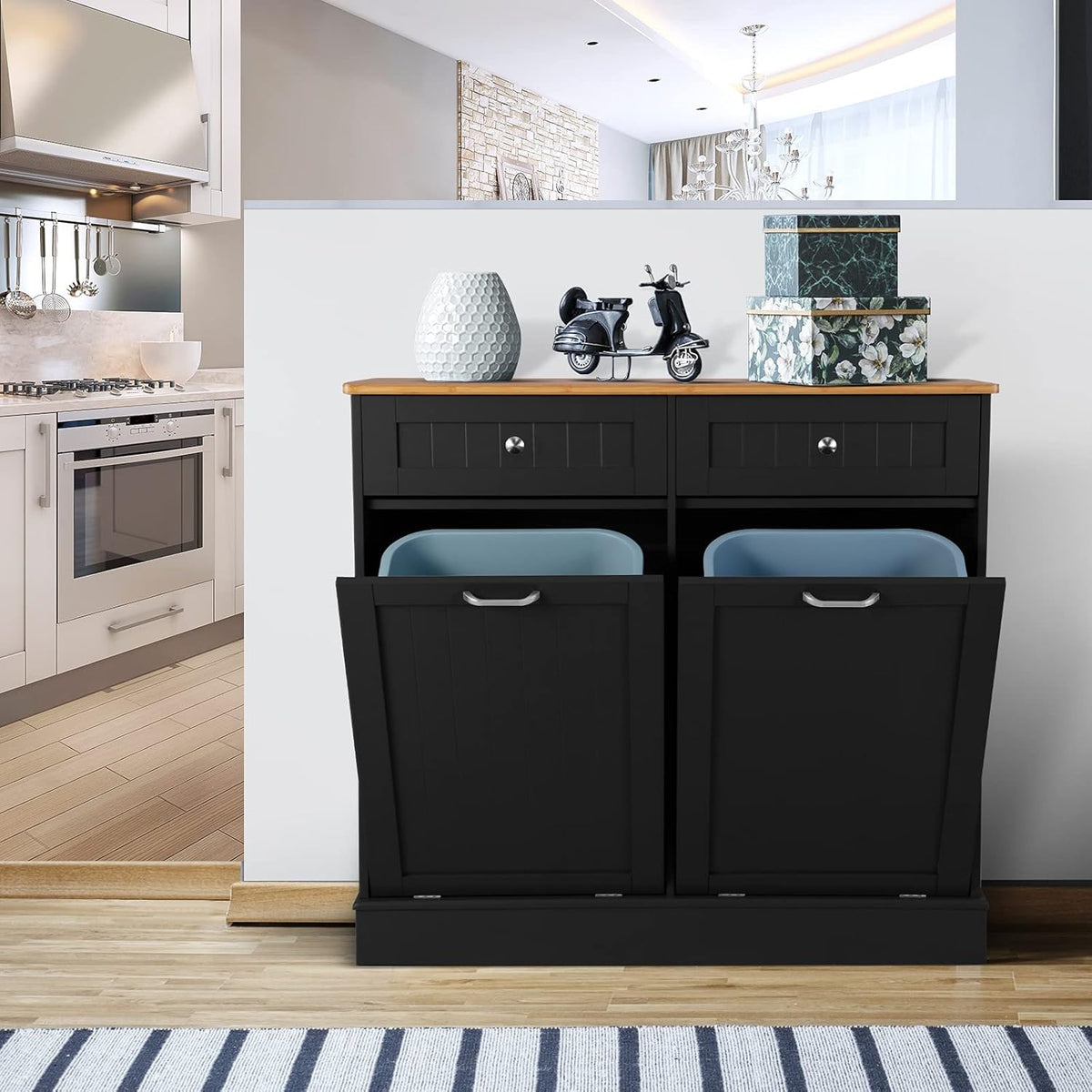 White Double Kitchen Trash Cabinet with Hideaway Drawers K61660