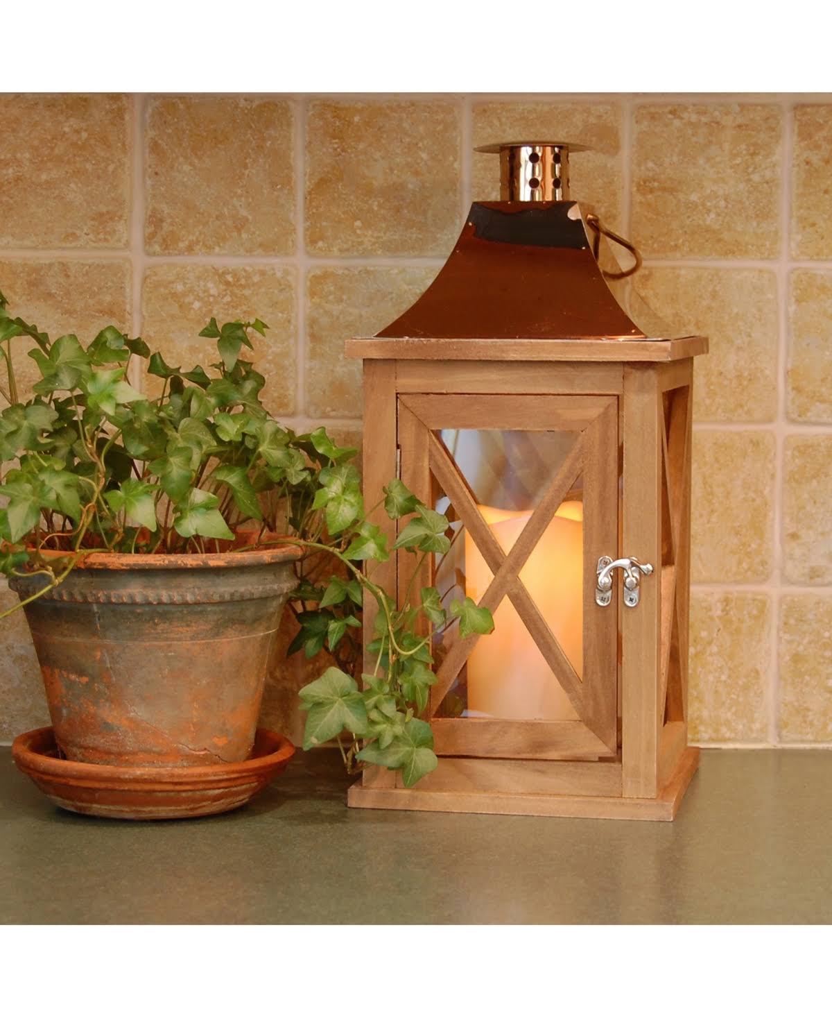 Natural Wooden Lantern with Copper Roof and LED Candle X103567