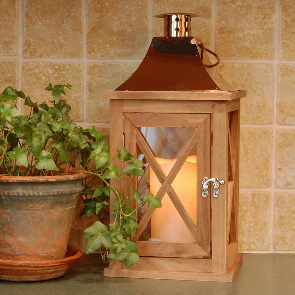Natural Wooden Lantern with Copper Roof and LED Candle X103567