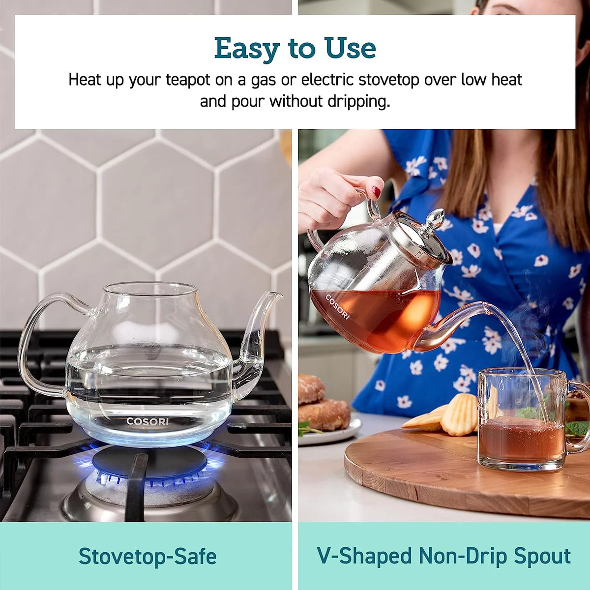Glass Teapot Stovetop Gooseneck Kettle with Removable Stainless Steel Infuser, Borosilicate, 1000 ml, Transparent P888
