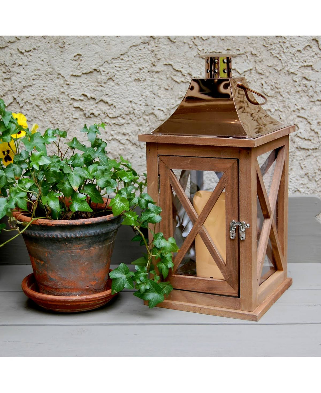 Natural Wooden Lantern with Copper Roof and LED Candle X103567