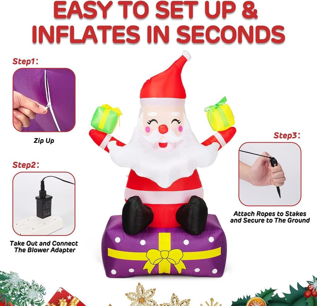 6Ft Inflatable Santa Claus with Gift Boxes, Built-in LED Lights I31475