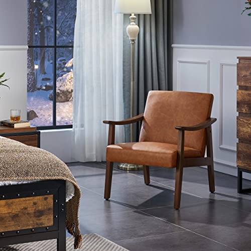 Brown PU Leather Accent Chair with Solid Wood Legs M5239