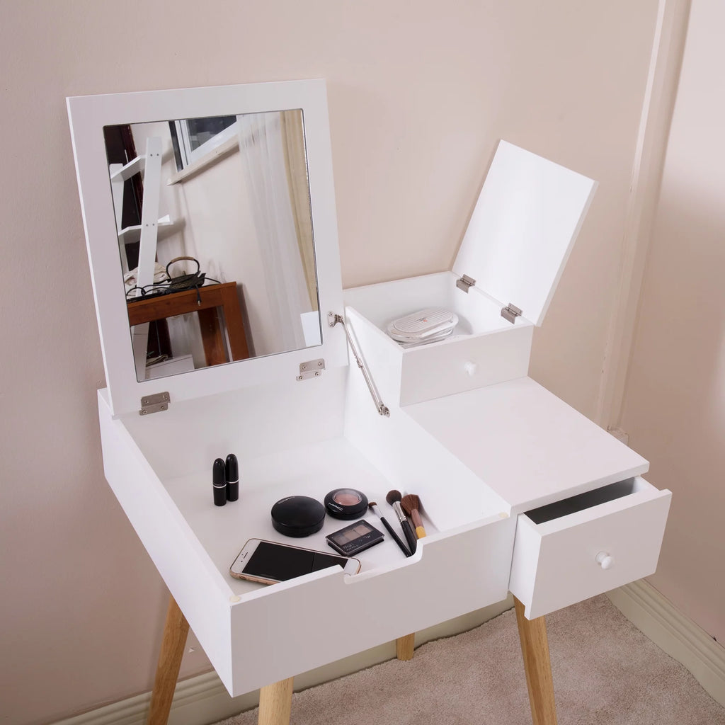 White Wooden Vanity Desk with Flip-top Mirror G285