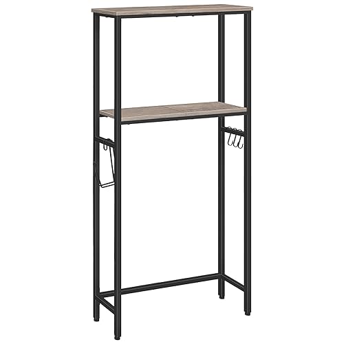 Greige and Black 2-Tier Over The Toilet Storage Shelf with Toilet Paper Holder and Hooks K158536