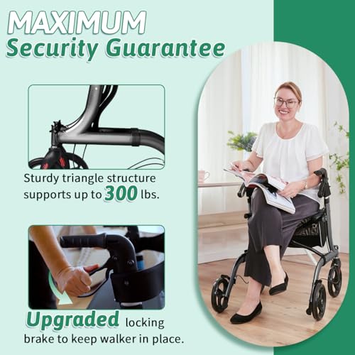 FSA Eligible Rollator Walker with Seat, Cup Holder, Foldable Lightweight Walker with Brakes K15619
