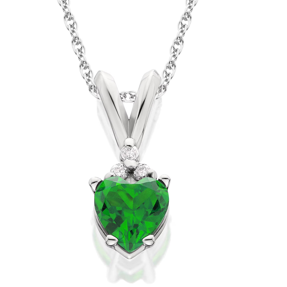 14K White Gold Heart Pendant with Diamond & Simulated Emerald P509