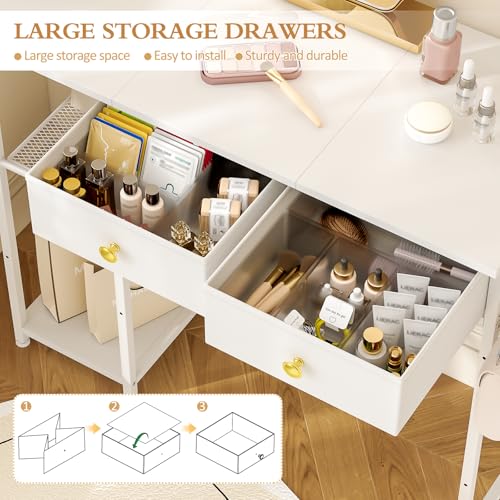 White Vanity Desk with 2 Fabric Drawers U1516